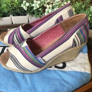 Toms Cork Wedge Heels Open Toe Multi striped Sandals.  Size 8.5